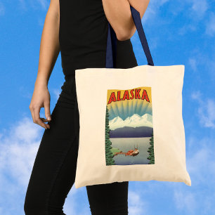 Vintage Travel Poster, Scenic Alaska Landscape Tote Bag