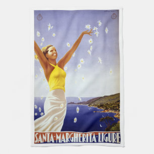 Vintage Travel, Santa Margherita Ligure, Italy Tea Towel