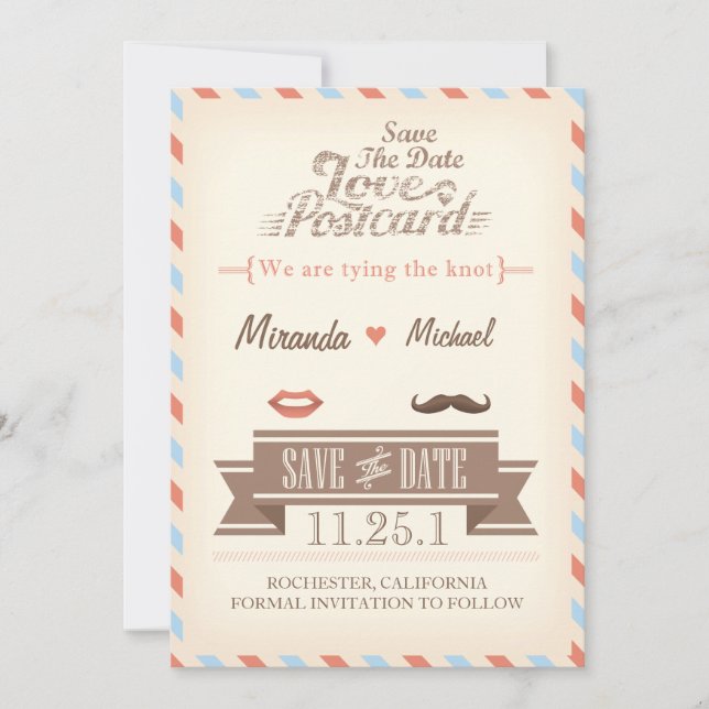 Vintage Travel Save The Date Postcard (Front)