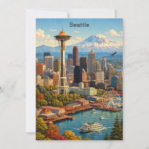 Vintage Travel Seattle Washington Skyline View Card