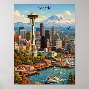 Vintage Travel Seattle Washington Skyline View Poster