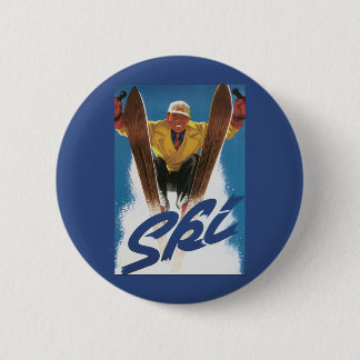 Vintage Travel, Sports Skier Skiing in Winter Snow 6 Cm Round Badge