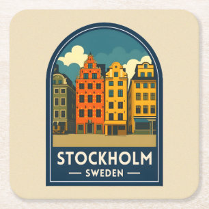 Vintage Travel Stockholm Sweden Old Town Retro Square Paper Coaster