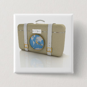 Vintage Travel Suitcase Clock World Map 15 Cm Square Badge