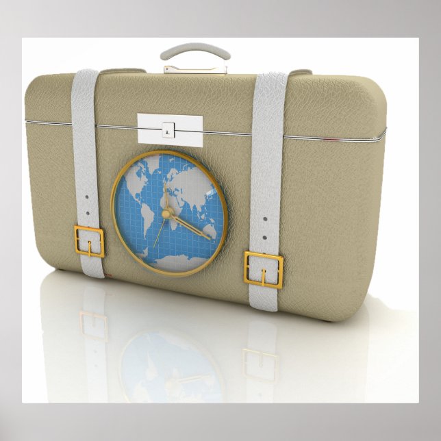 Vintage Travel Suitcase Clock World Map Poster (Front)