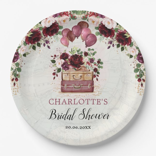 Vintage Travel Suitcases Balloons Bridal Shower Paper Plate (Front)