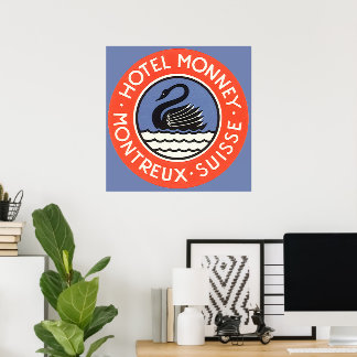 Vintage Travel, Swan Bird Hotel Monney Switzerland Poster