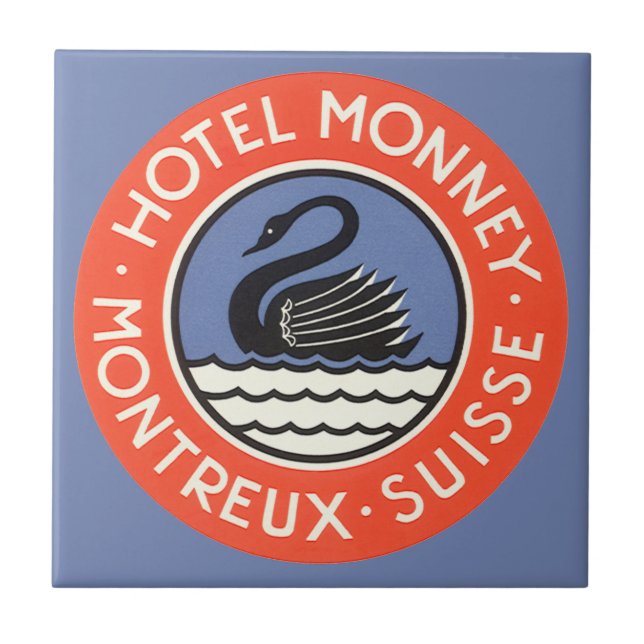 Vintage Travel, Swan Bird Hotel Monney Switzerland Tile (Front)