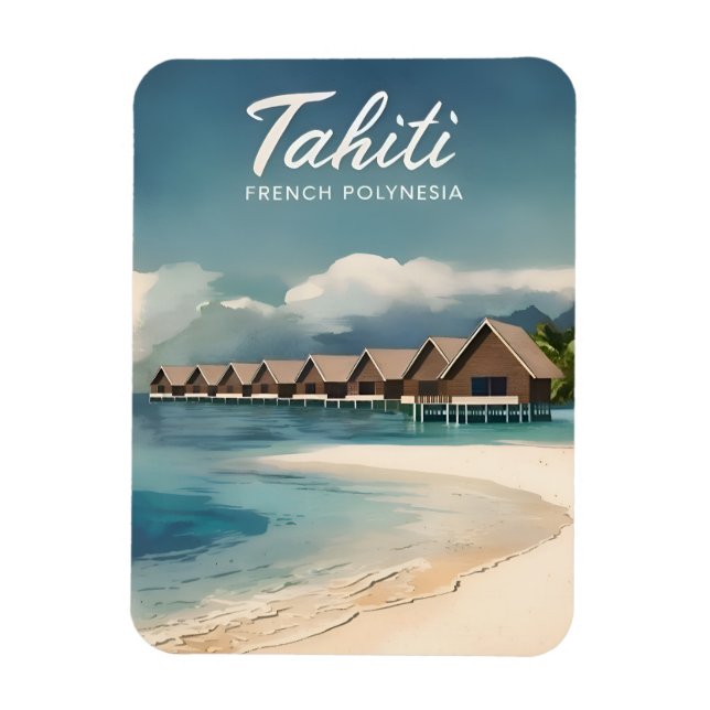 Vintage Travel Tahiti Water Bungalows Retro Scenic Magnet (Vertical)