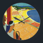 Vintage Travel, Tennis, Sports, Monte Carlo Monaco Large Clock<br><div class="desc">Vintage illustration European travel poster or luggage label from Monte Carlo in Monaco featuring a couple holding tennis rackets and watching a tennis tournament near the beach and the beautiful blue Mediterranean Sea. Love and romance on the tennis courts. Monte Carlo is most famous for its casino, Le Grand Casino....</div>