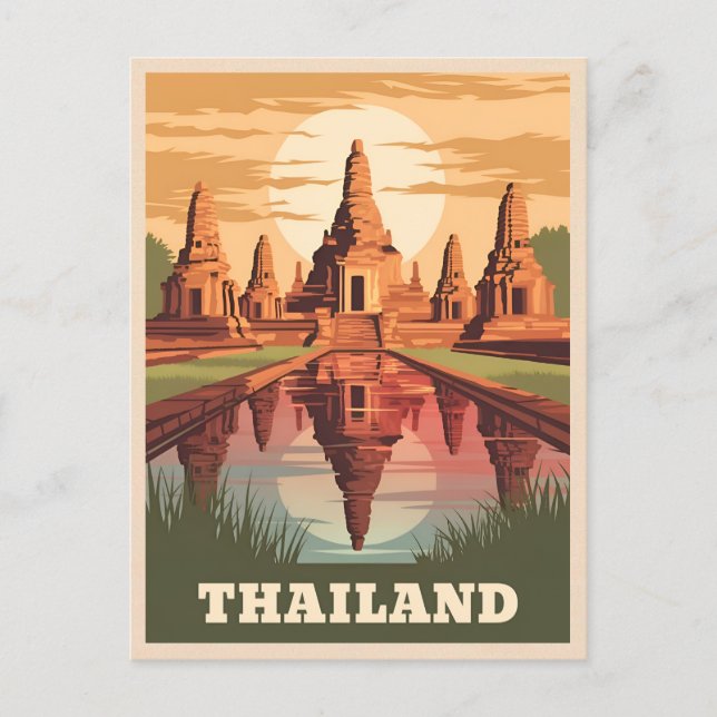 Vintage Travel Thailand Buddhist Temple Sunset Postcard (Front)