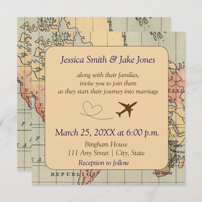 Vintage, Travel Themed Wedding Invite (Front/Back)