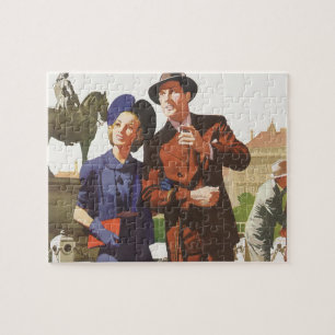 Vintage Travel, Tourists on Vacation Sightseeing Jigsaw Puzzle