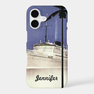 Vintage Travel Tropical Cruise Ship and Palm Trees