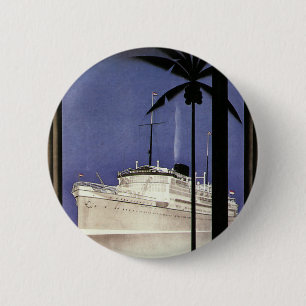 Vintage Travel Tropical Cruise Ship and Palm Trees 6 Cm Round Badge