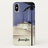 Vintage Travel Tropical Cruise Ship and Palm Trees