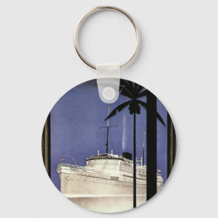 Vintage Travel Tropical Cruise Ship and Palm Trees Key Ring