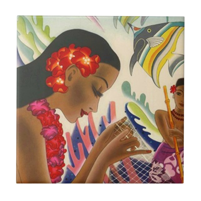 Vintage Travel Tropical Fish Nets Lei Hawaii Tile (Front)