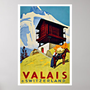 Vintage Travel Valais Switzerland Farmhouse Poster