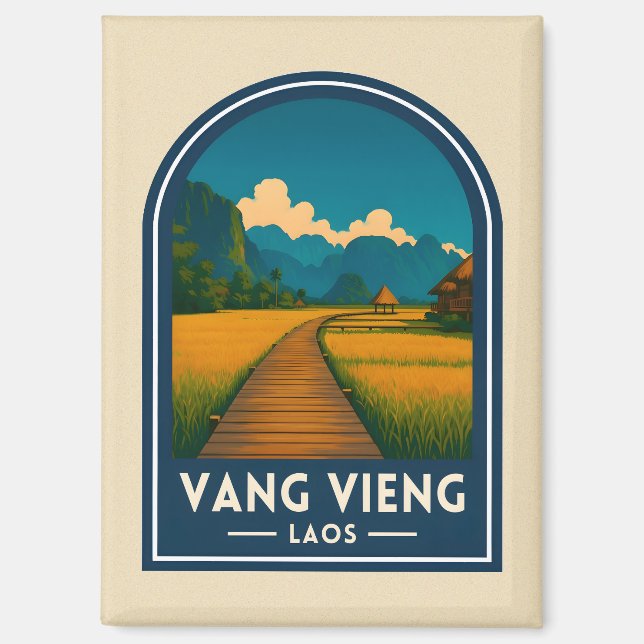 Vintage Travel Vang Vieng Laos Retro Scenic Magnet (Front)