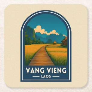 Vintage Travel Vang Vieng Laos Retro Scenic Square Paper Coaster
