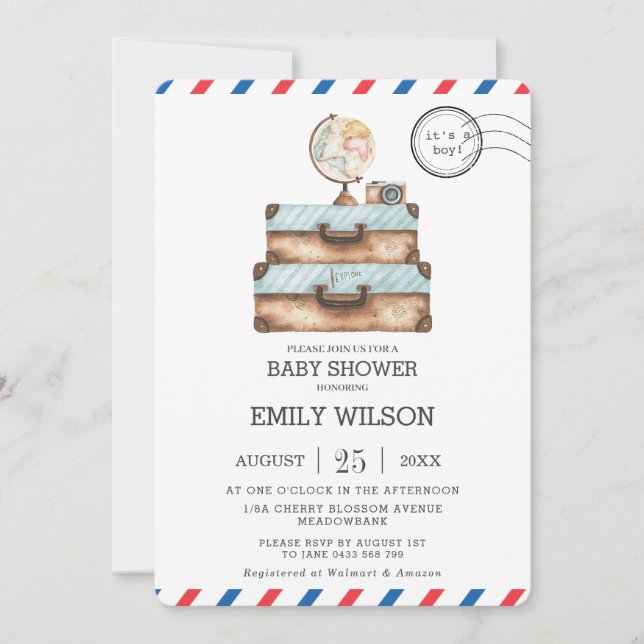 Vintage Travel Voyage Adventure Baby Shower Boy Invitation (Front)