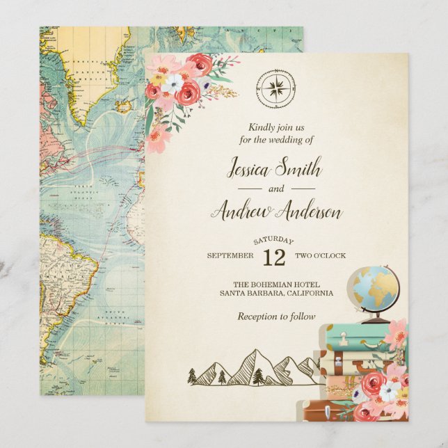 Vintage Travel Wedding Invitation Rustic map Boho (Front/Back)