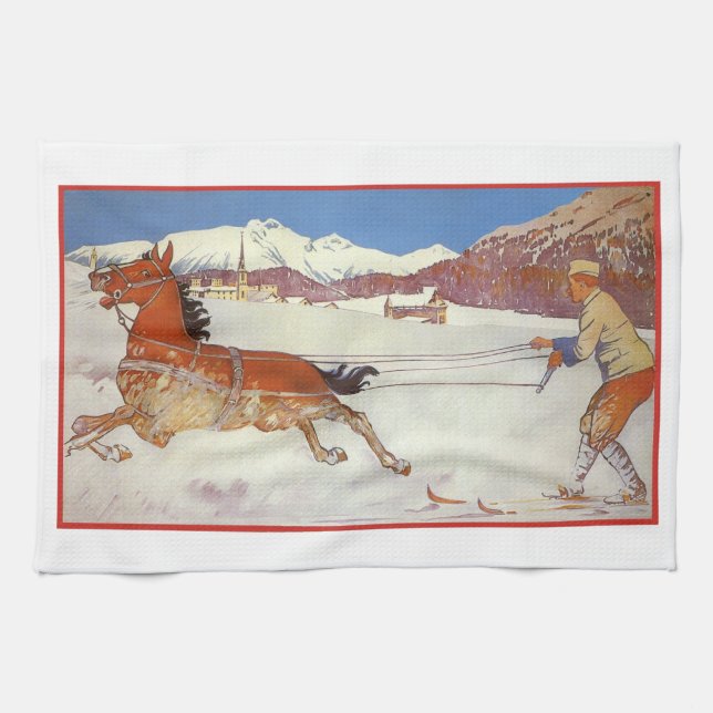 Vintage Travel, Winter in Engadin Switzerland Tea Towel (Horizontal)