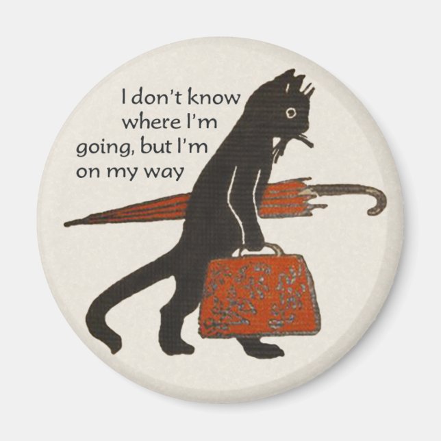 Vintage Travelling Black Cat Round Magnet (Front)