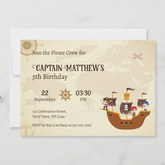 Vintage Treasure Map Pirate Ship Birthday Party Invitation (Front)