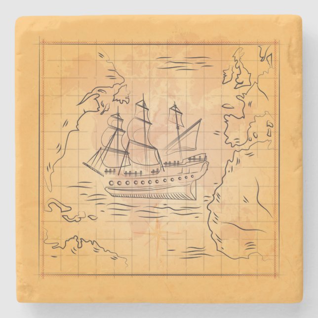 Vintage Treasure Map Themed Stone Coaster (Front)