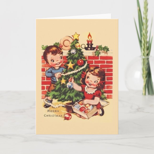 Vintage Tree Decorating Christmas Card (Front)