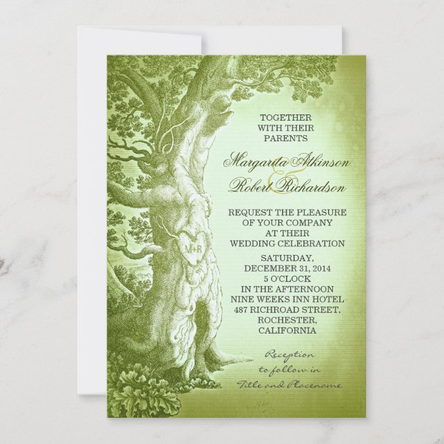 vintage tree green rustic wedding invitations (Front)