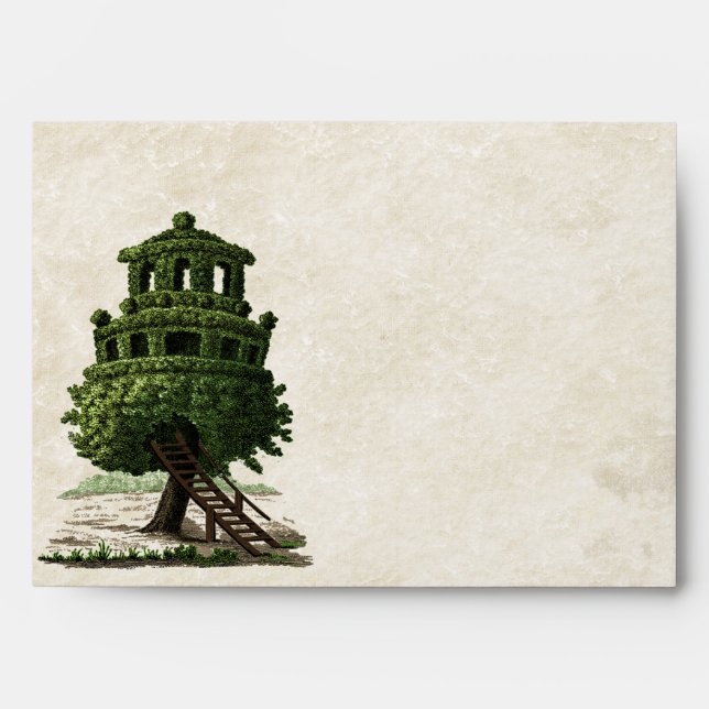 Vintage Tree House Fun Antiqued Parchment Wedding Envelopes (Front)