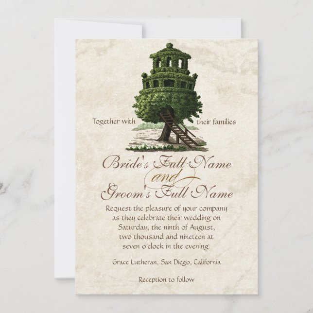 Vintage Tree House Fun Antiqued Parchment Wedding Invitation (Front)