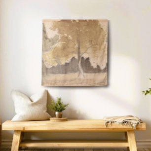 Vintage Tree Landscape Painting, Neutral Cottage Tapestry