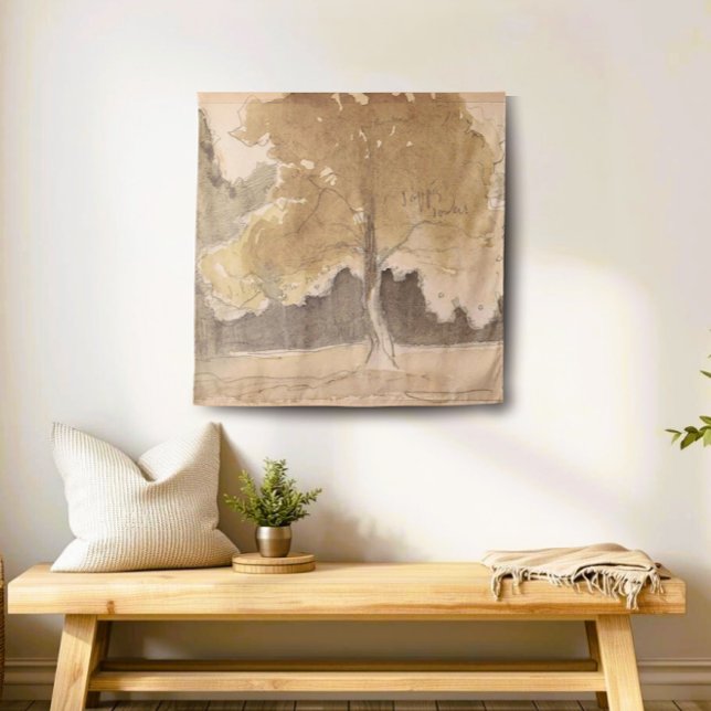 Vintage Tree Landscape Painting, Neutral Cottage Tapestry (Creator Uploaded)