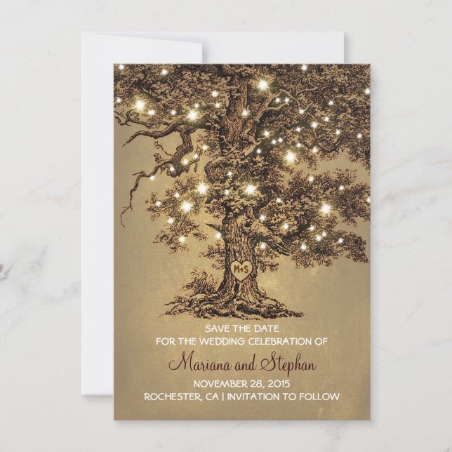 Vintage Tree Lights Rustic Save The Date Invites (Front)