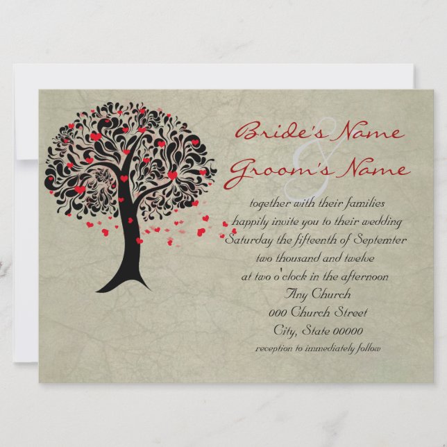 Vintage Tree of Red Hearts Wedding Invitations (Front)