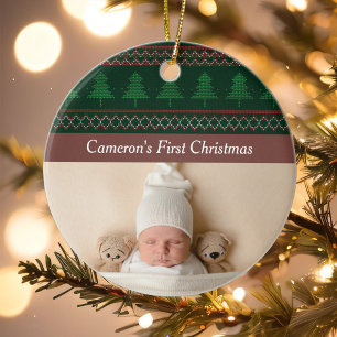Vintage Tree Pattern Baby's First Christmas Photo Ceramic Tree Decoration