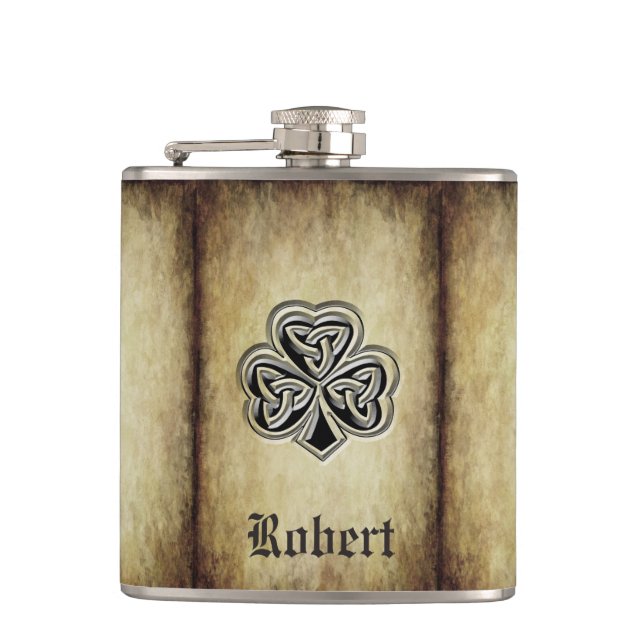 Vintage trendy grundge Irish shamrock monogram Hip Flask (Front)