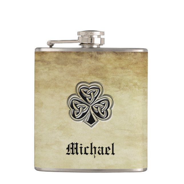 Vintage trendy grundge Irish shamrock monogram Hip Flask (Front)