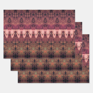 Vintage Tribal Pattern Brown Pink Bull Cow Skull Wrapping Paper Sheet