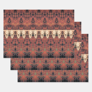 Vintage Tribal Pattern Rust Orange Bull Cow Skull  Wrapping Paper Sheet