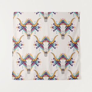 vintage tribal seamless pattern with bull skull an tapestry