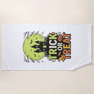 Vintage Trick or Treat Haunted House Halloween Des Beach Towel