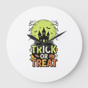 Vintage Trick or Treat Haunted House Halloween Des Large Clock