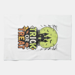 Vintage Trick or Treat Haunted House Halloween Des Tea Towel