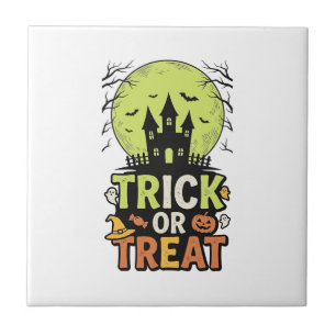 Vintage Trick or Treat Haunted House Halloween Des Tile