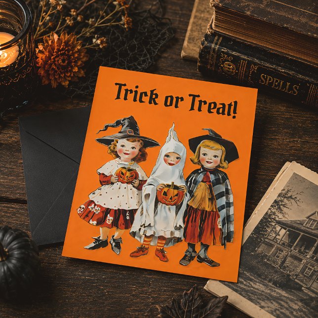 Vintage Trick or Treat Kids Retro Halloween Postcard (Creator Uploaded)